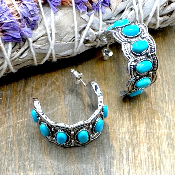 Turquoise drops big bohemian hoop earrings chunky /protection and peace - Picture 2 of 6